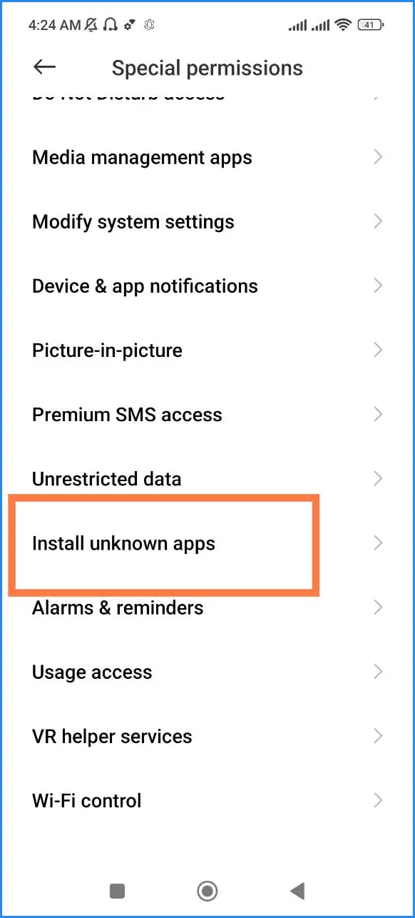 Android Special permissions menu with Install unknown apps