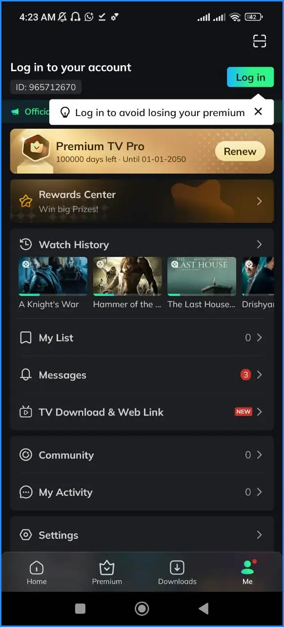 MovieBox account and settings menu on Android