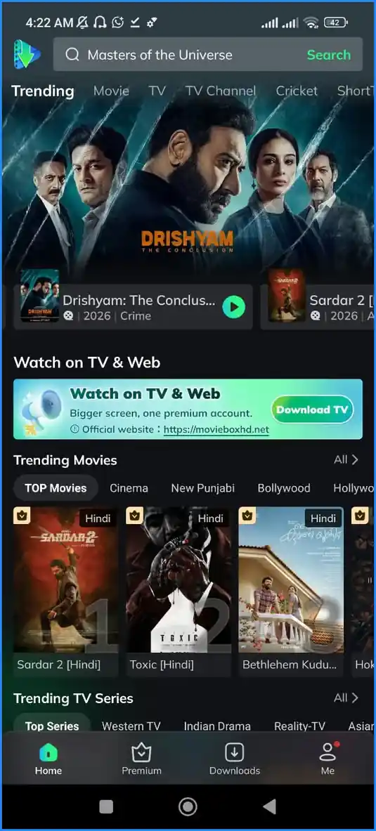 MovieBox Android home screen with movies and TV content