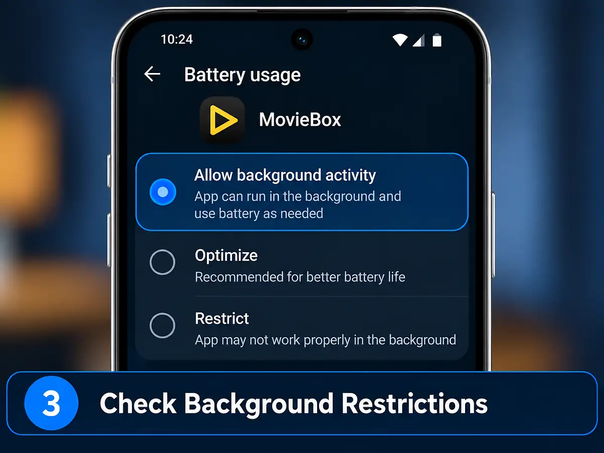 MovieBox Not Working? Fix Common Android Problems 18 Check MovieBox background activity and battery restrictions on Android