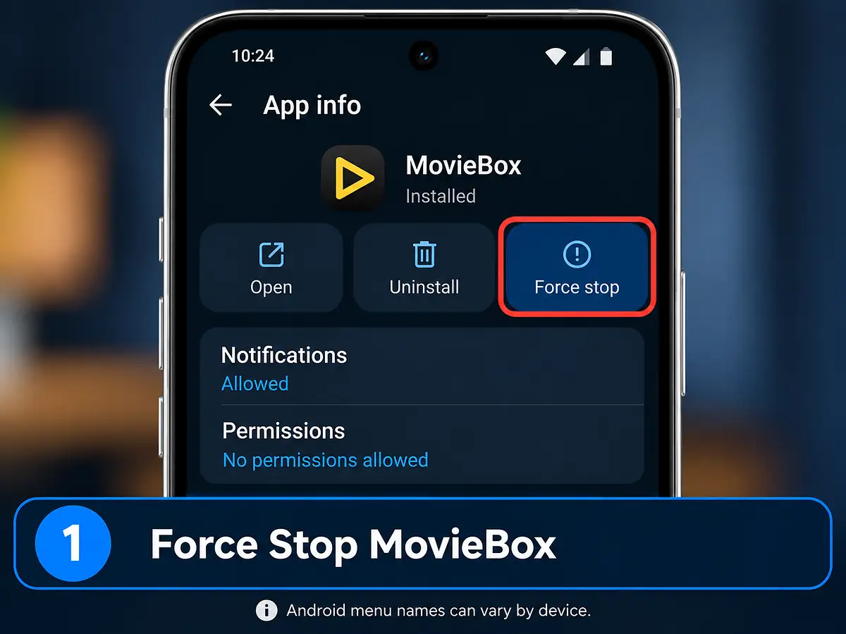 MovieBox Not Working? Fix Common Android Problems 2 Force stop MovieBox from Android app info settings