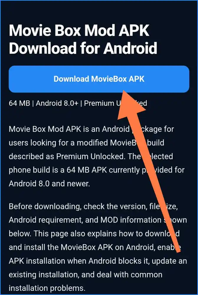 MovieBox download button on the Android homepage