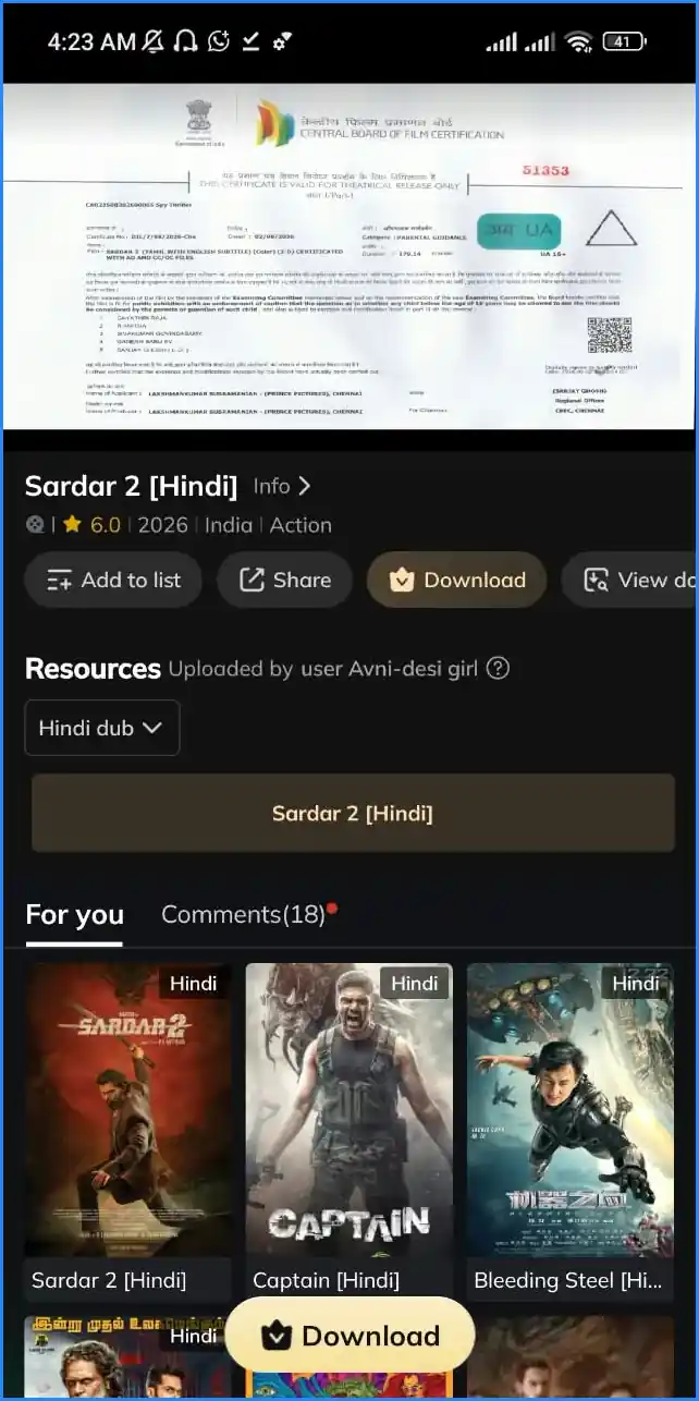 MovieBox movie details page with download option
