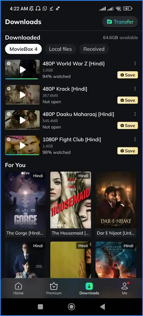 MovieBox downloads tab showing saved offline videos