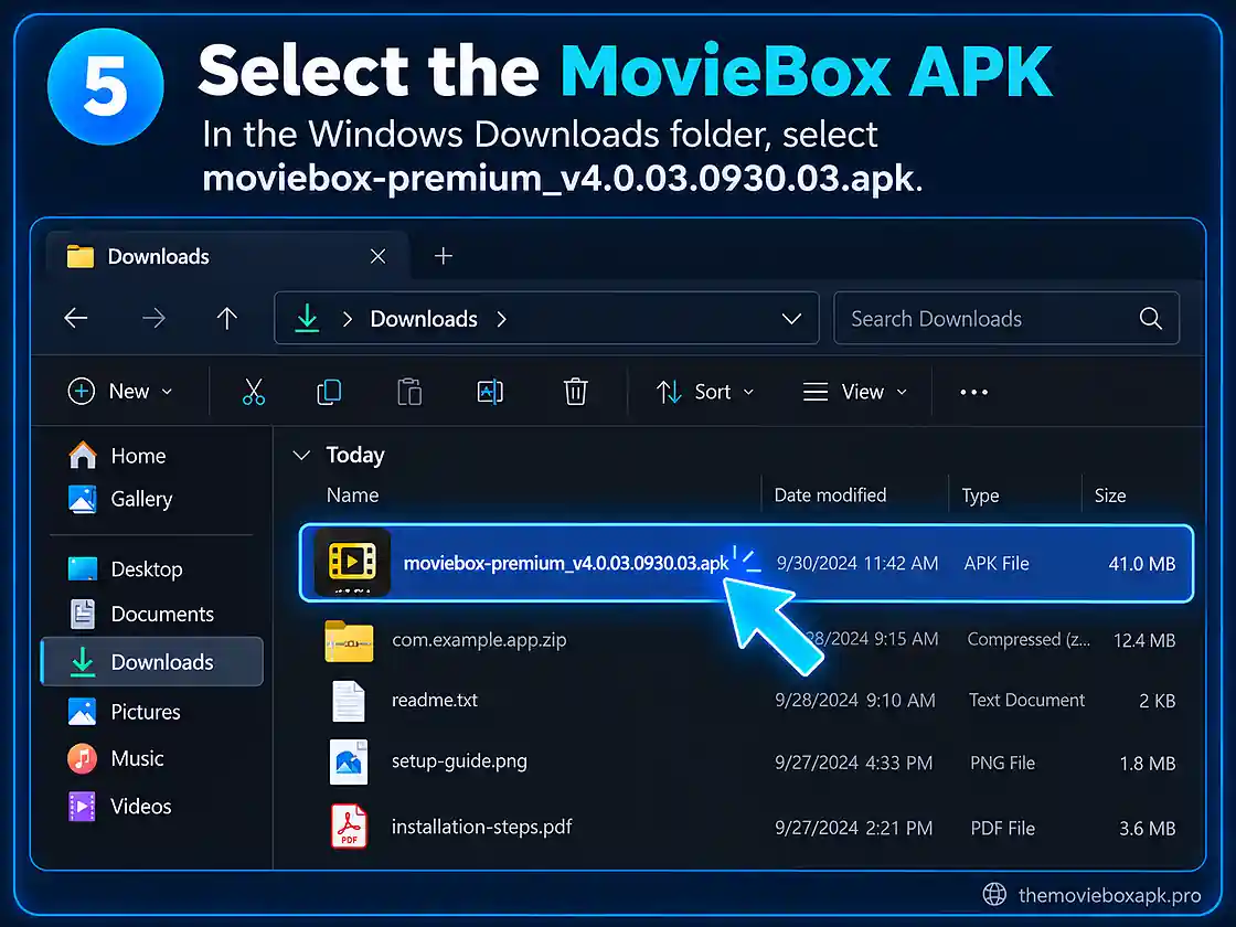 MovieBox for PC: How to Use MovieBox on Windows 11 Select the MovieBox APK file from Windows Downloads in BlueStacks